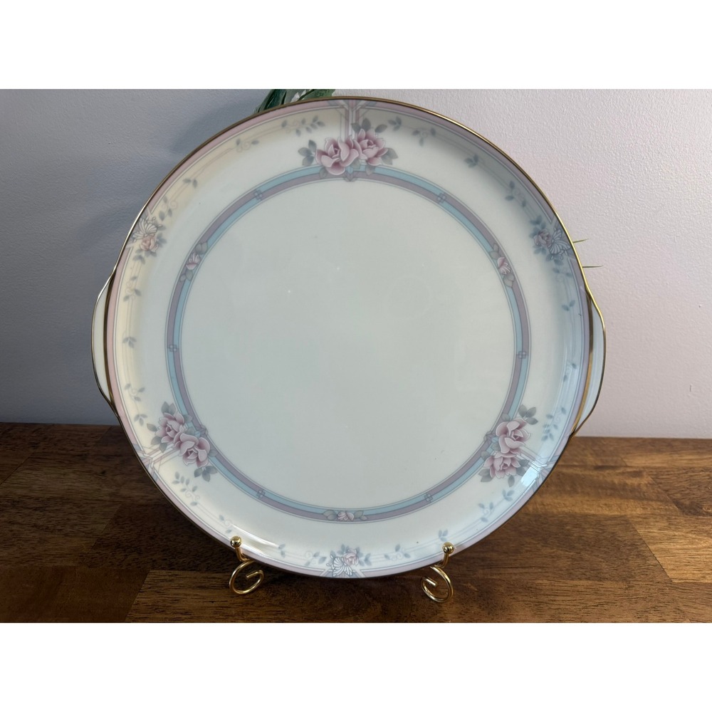 Noritake Magnificence Round Cake Plate Handled Bone China Japan Pink Roses Gold